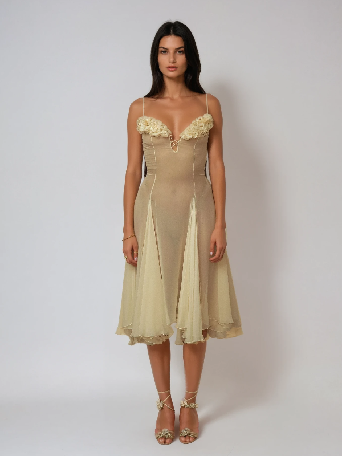 Kaveri Spaghetti Ruched Mesh Split Midi Dress