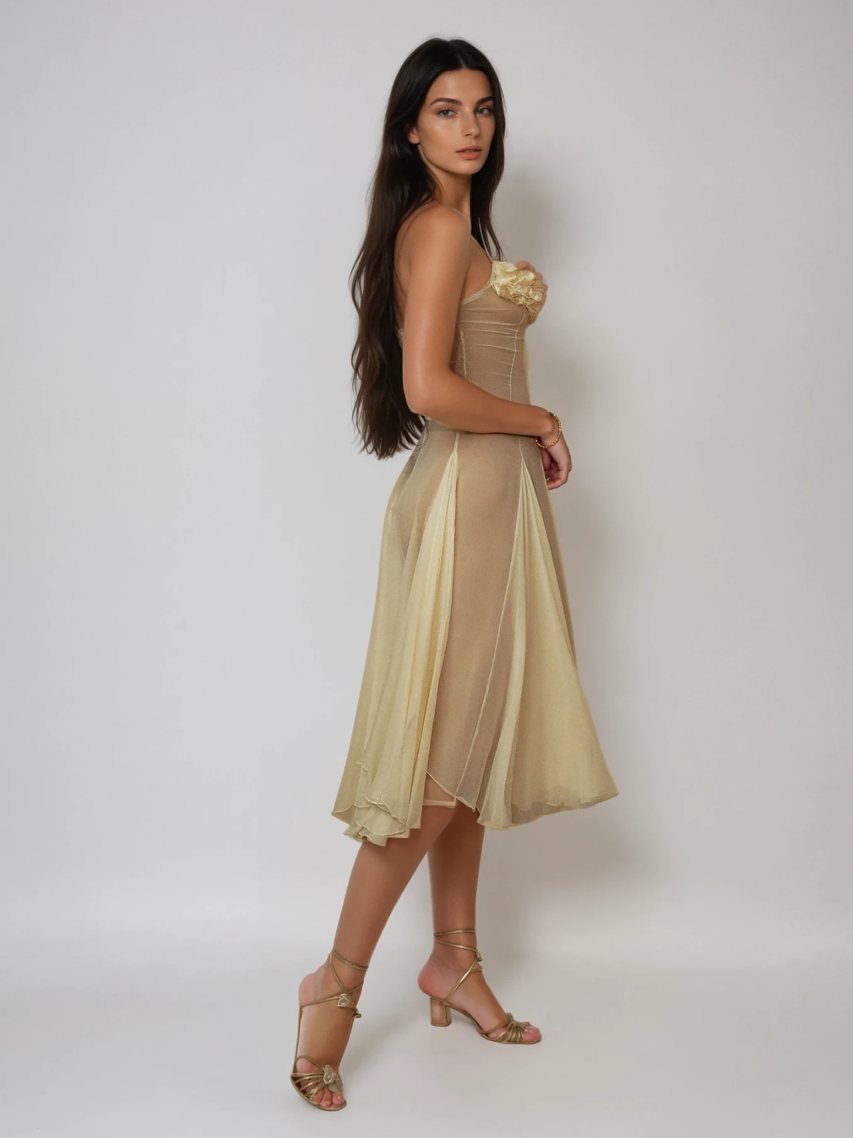 Kaveri Spaghetti Ruched Mesh Split Midi Dress