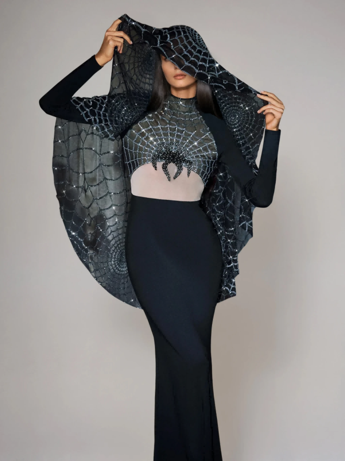 Mikki Long Sleeve Sequin Cobweb Maxi Dress
