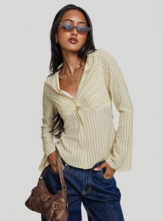 Life Begins Long Sleeve Lace Trim Top Cream Stripe