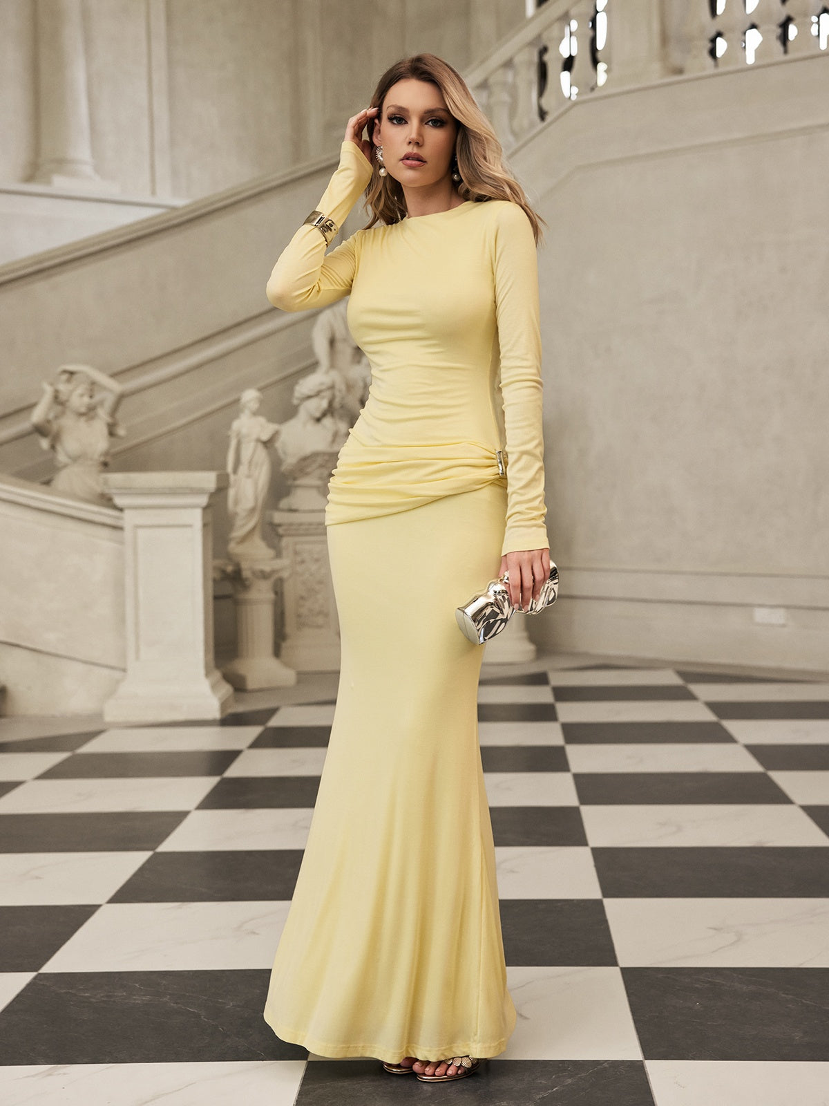 Paeltrix Long Sleeve Ruched Maxi Dress In Butter Yellow