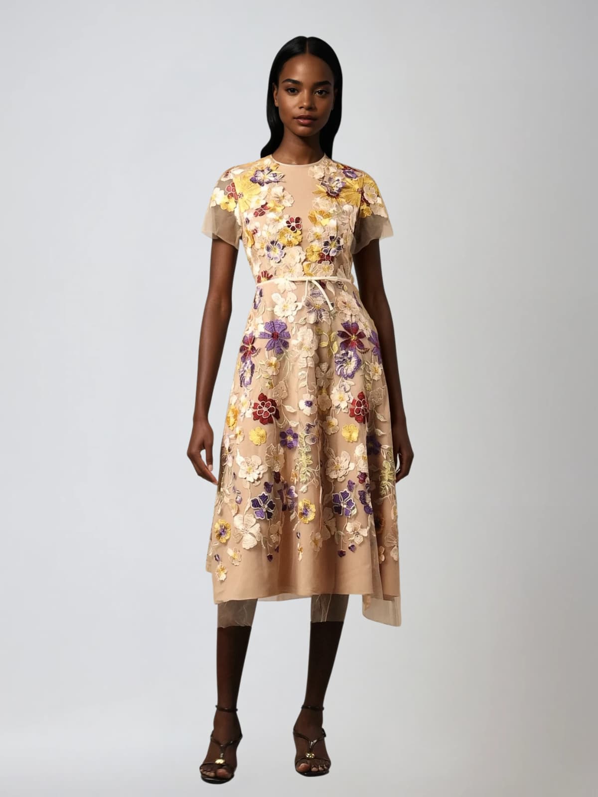 Geyra Short Sleeve Flower Embroidered Midi Dress