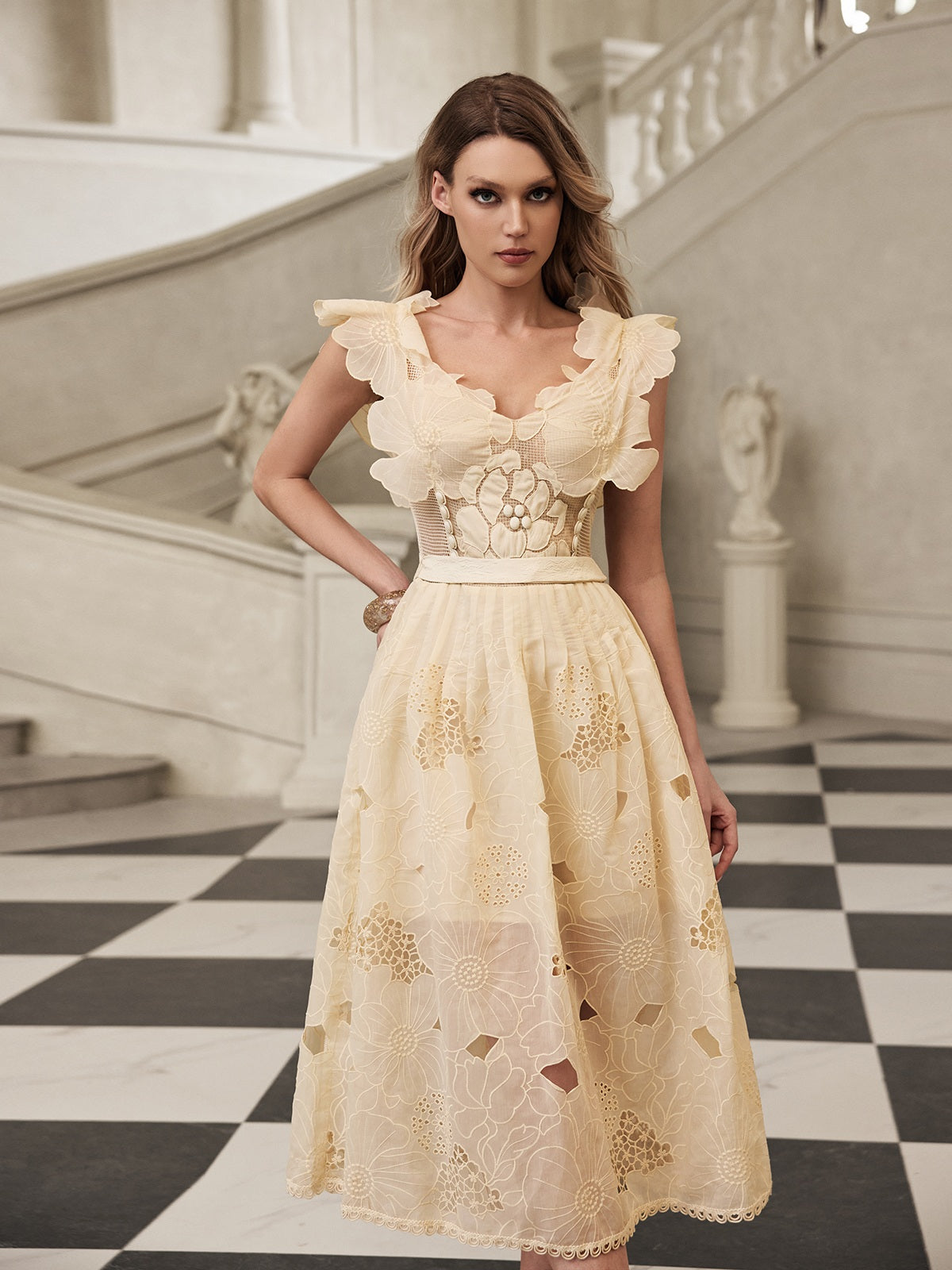 Gryon Sleeveless Floral Cutout Midi Dress