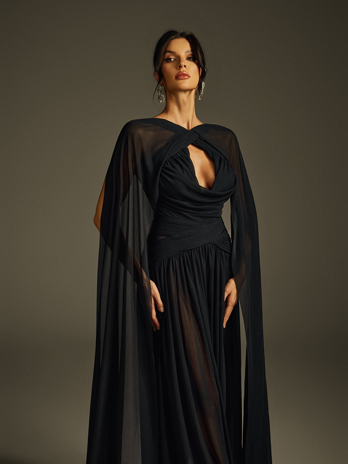 Haldris Cape Sleeve Draped Maxi Dress