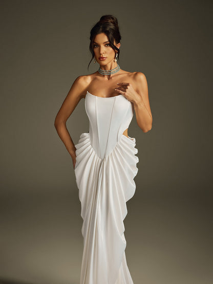 Hryon Strapless Corset Satin Maxi Dress