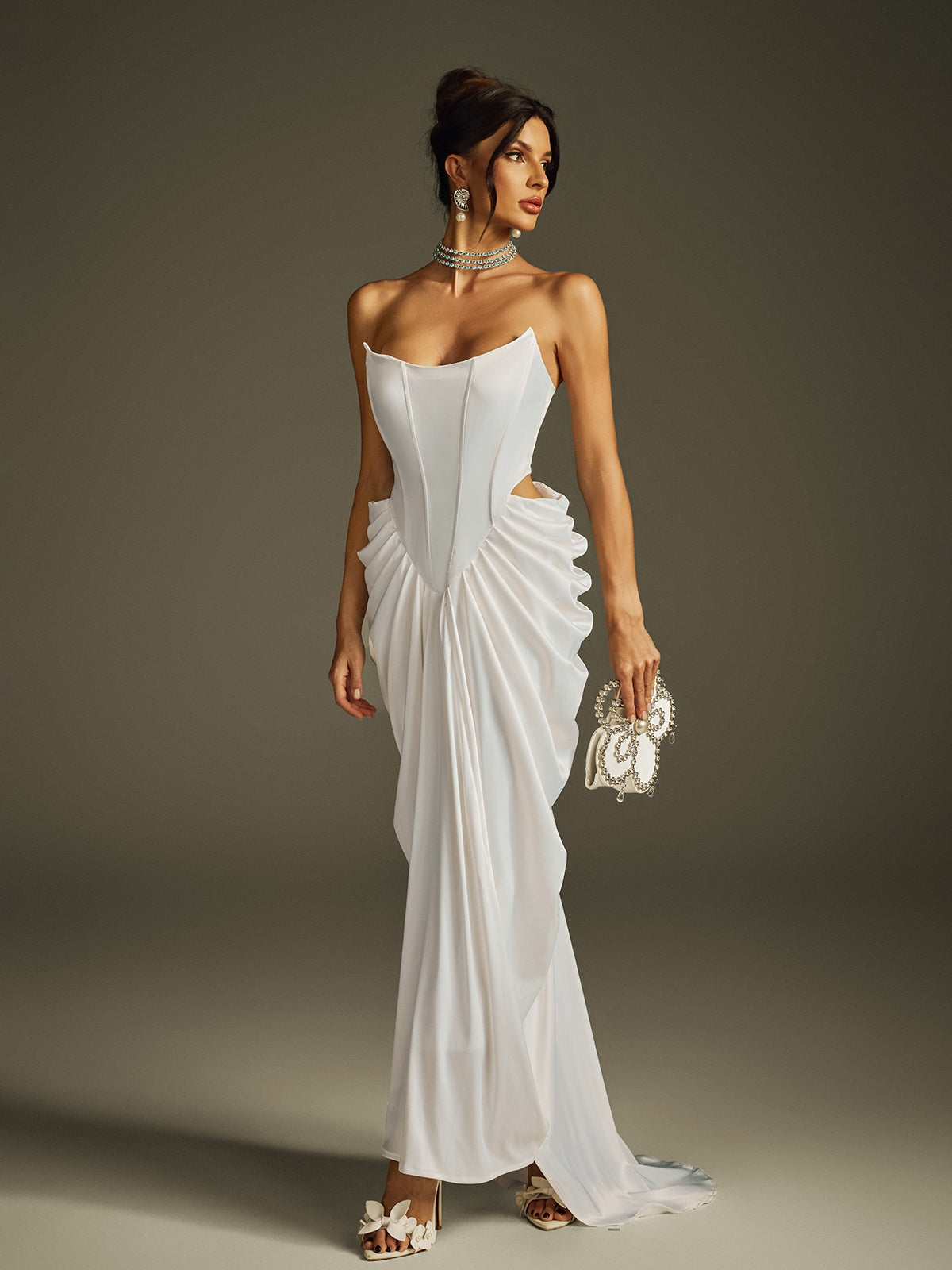 Hryon Strapless Corset Satin Maxi Dress