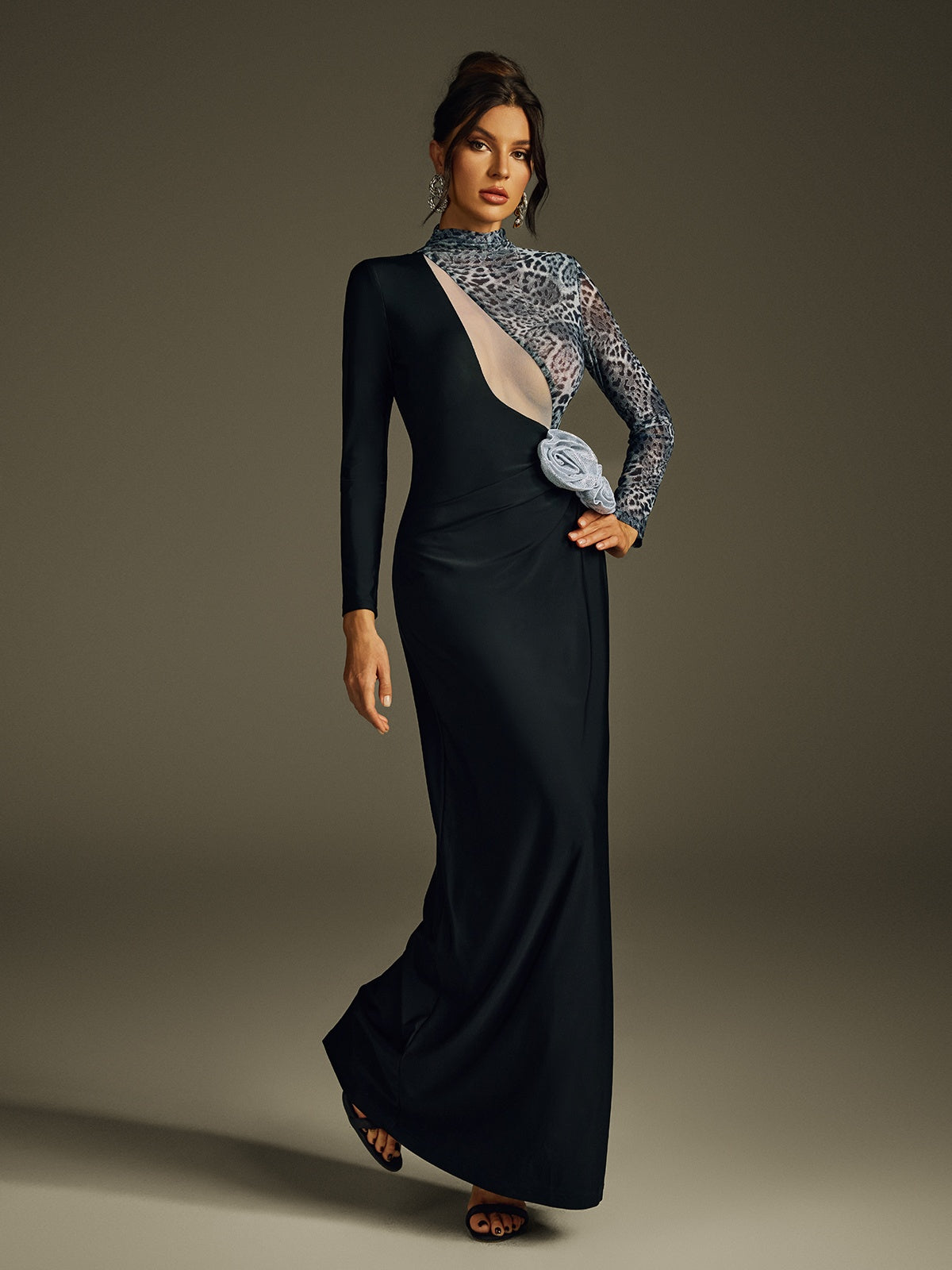 Hryonth Long Sleeve Leopard Flower Maxi Dress