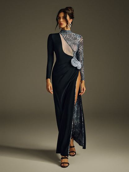 Hryonth Long Sleeve Leopard Flower Maxi Dress