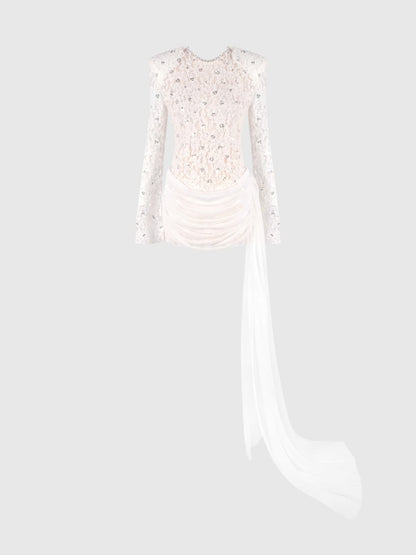 Kaatib Long Sleeve Lace Draped Mini Dress