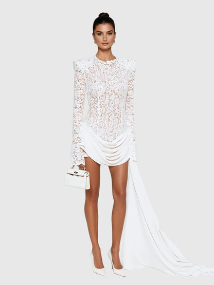 Kaatib Long Sleeve Lace Draped Mini Dress