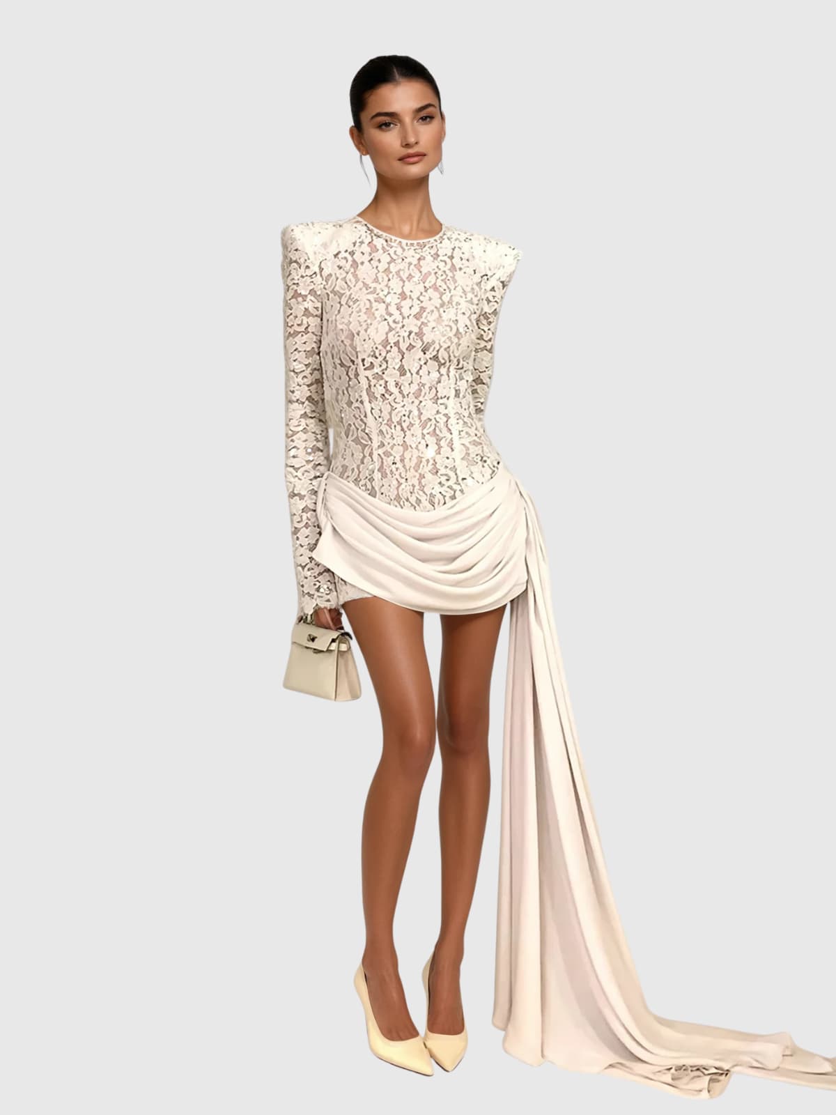 Kaatib Long Sleeve Lace Draped Mini Dress