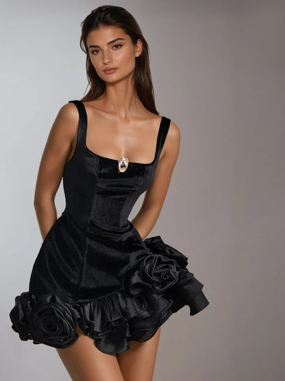 Kadija Square Neck Flower Velvet Mini Dress