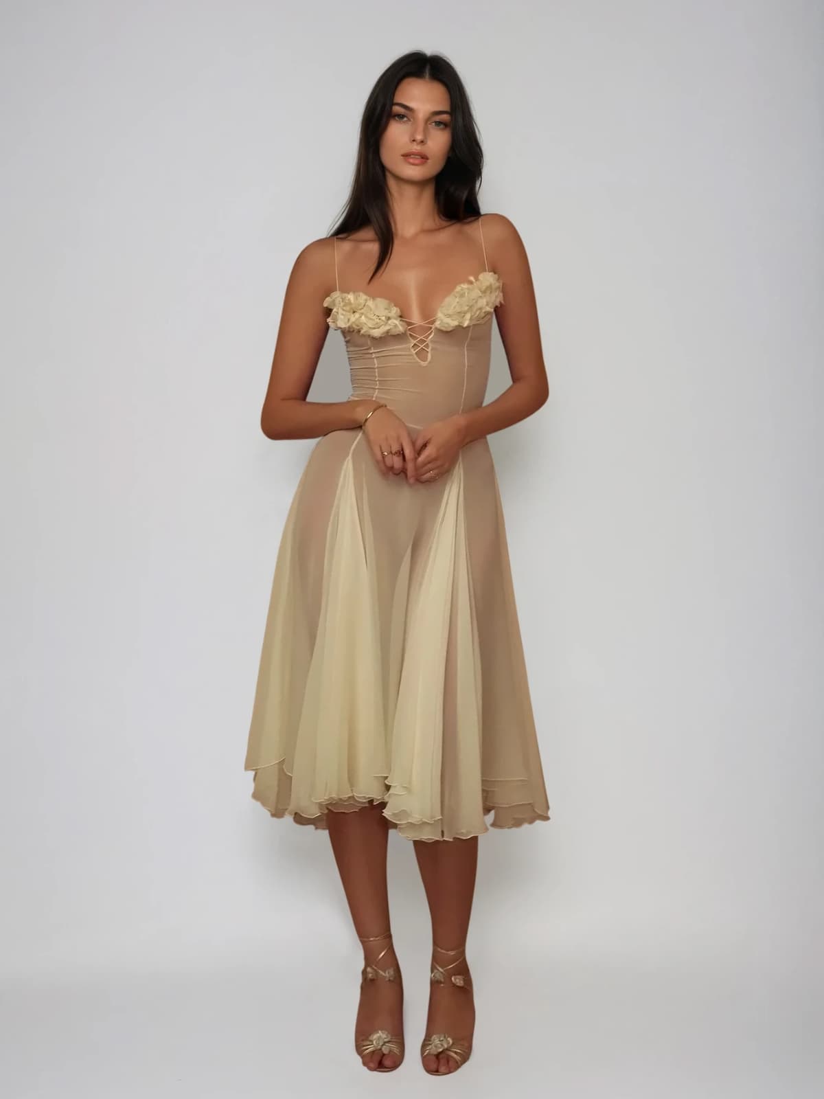 Kaveri Spaghetti Ruched Mesh Split Midi Dress