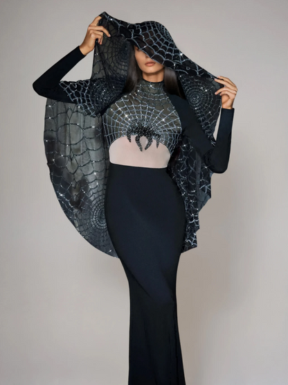 Mikki Long Sleeve Sequin Cobweb Maxi Dress