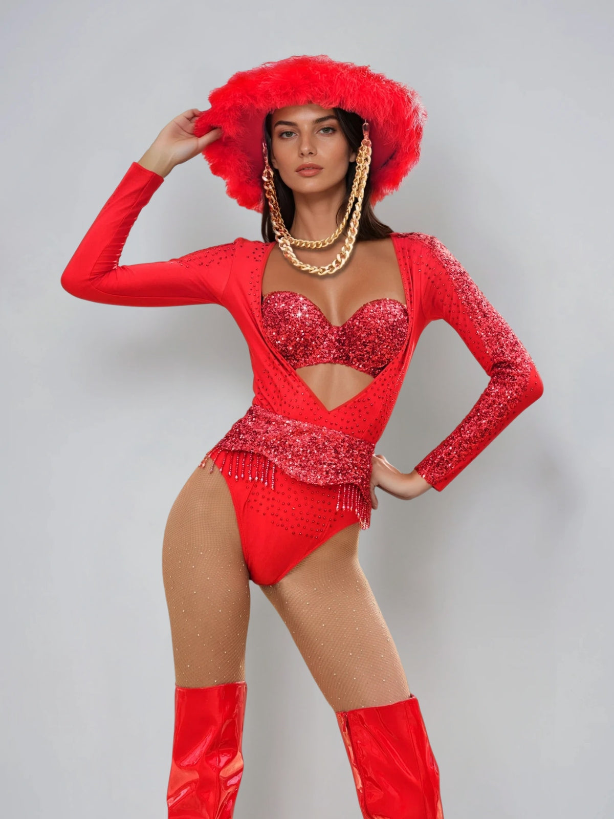 Myren Long Sleeve Rhinestone Cutout Bodysuit