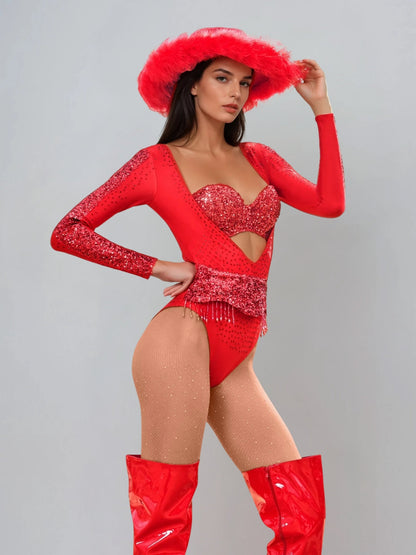 Myren Long Sleeve Rhinestone Cutout Bodysuit