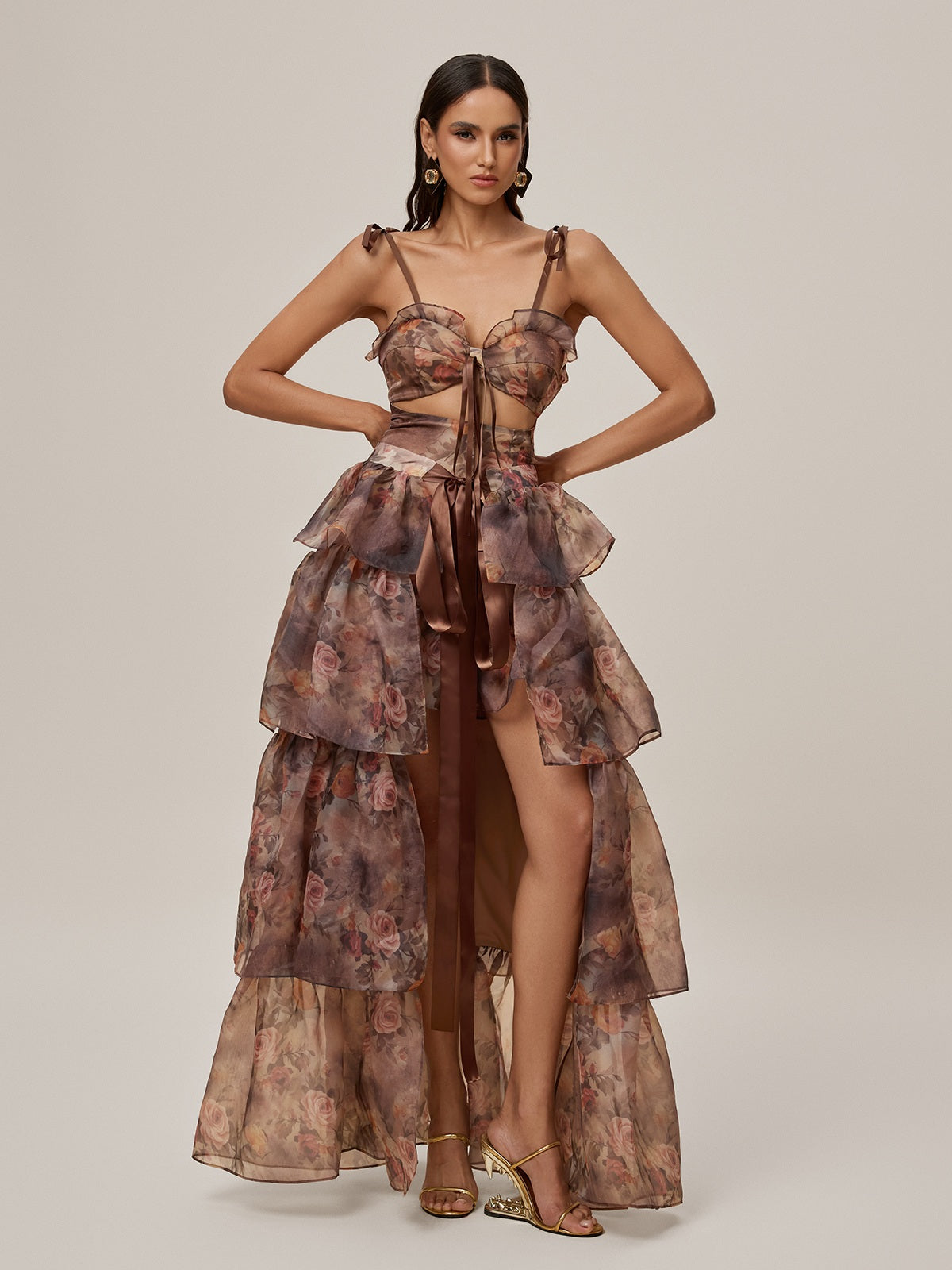 Nalima Floral Printed Skirt Set In Brown