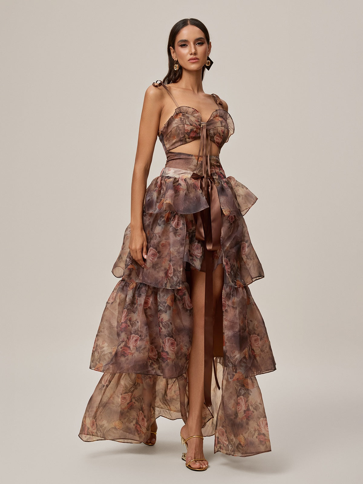 Nalima Floral Printed Skirt Set In Brown