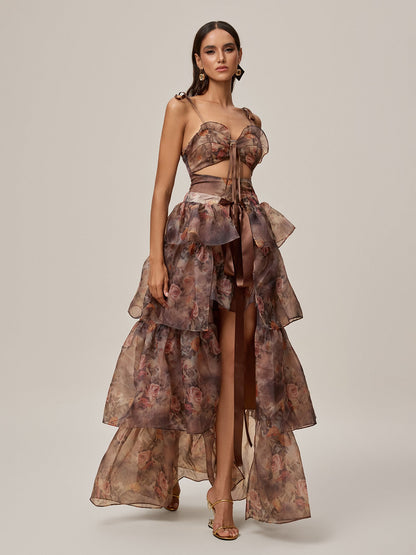 Nalima Floral Printed Skirt Set In Brown