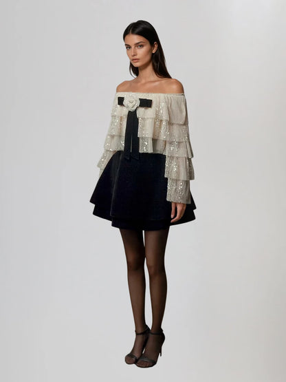 Nyrixon Off Shoulder Sequin Velvet Skirt Set