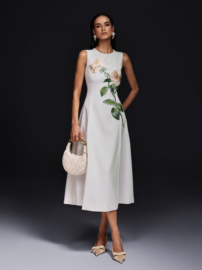 Ogima Sleeveless Flower Embroidered Midi Dress In White