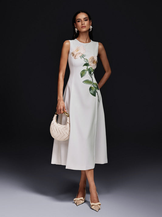 Ogima Sleeveless Flower Embroidered Midi Dress In White