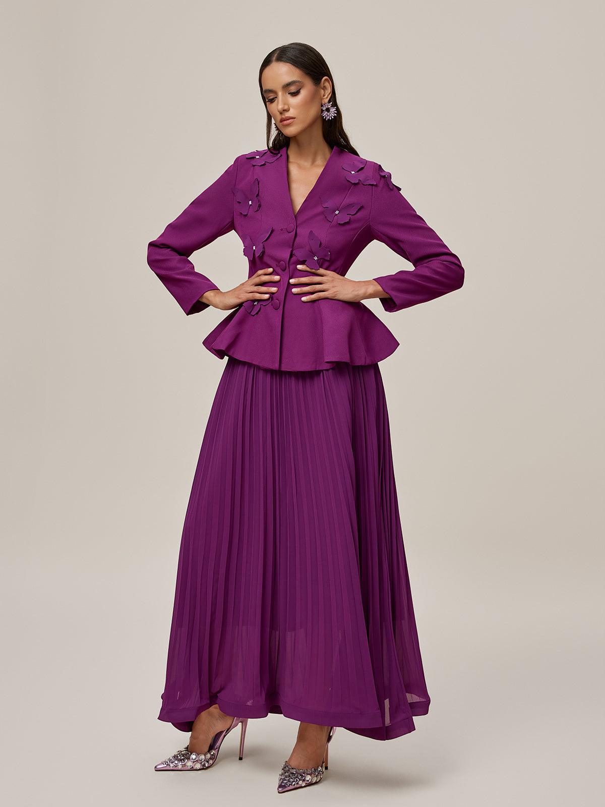 Oraefo V Neck Butterfly Pleated Skirt Set