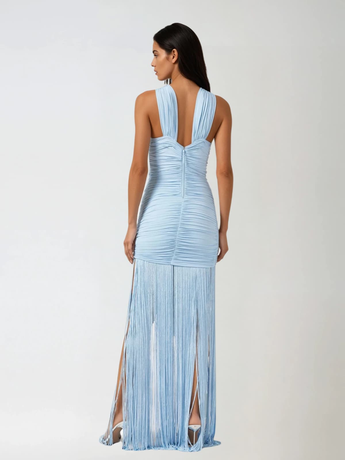 Ouray Sleeveless Ruched Fringe Maxi Dress