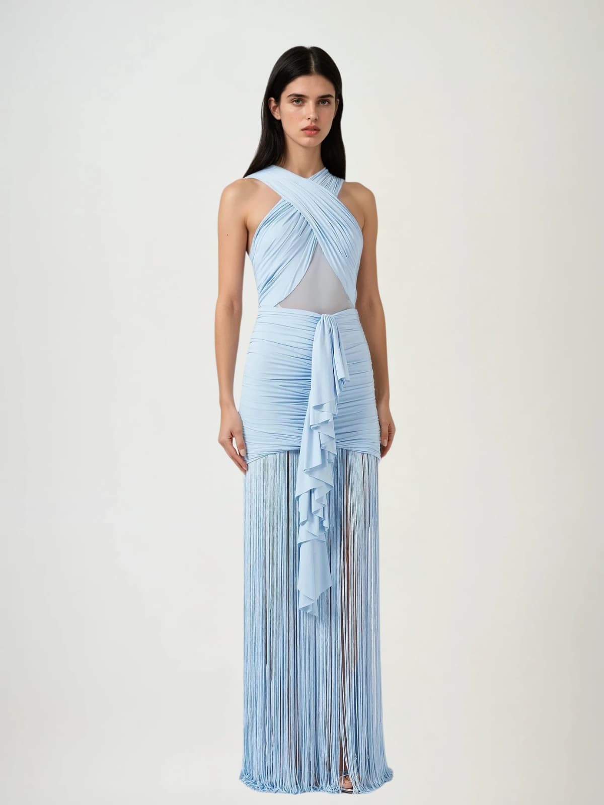 Ouray Sleeveless Ruched Fringe Maxi Dress