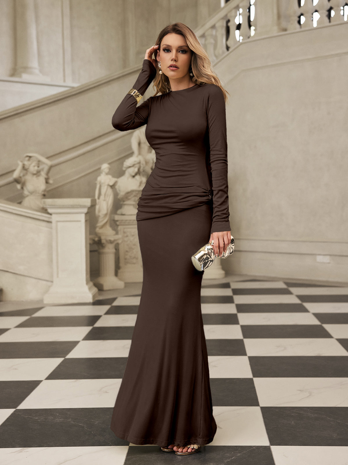Paeltrix Long Sleeve Ruched Maxi Dress In Brown