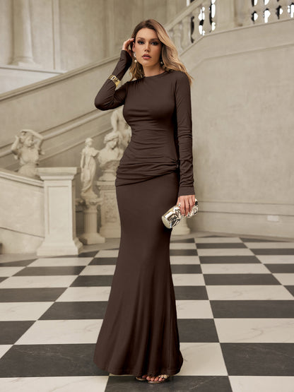 Paeltrix Long Sleeve Ruched Maxi Dress In Brown