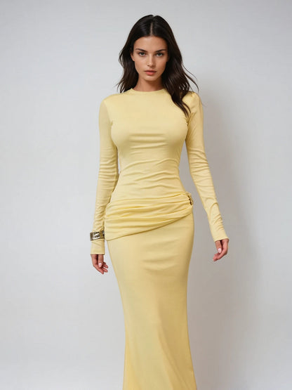 Paeltrix Long Sleeve Ruched Maxi Dress In Butter Yellow