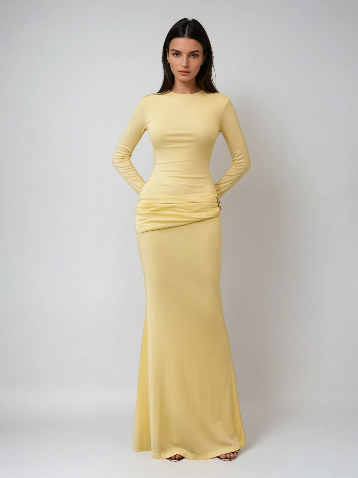 Paeltrix Long Sleeve Ruched Maxi Dress In Butter Yellow