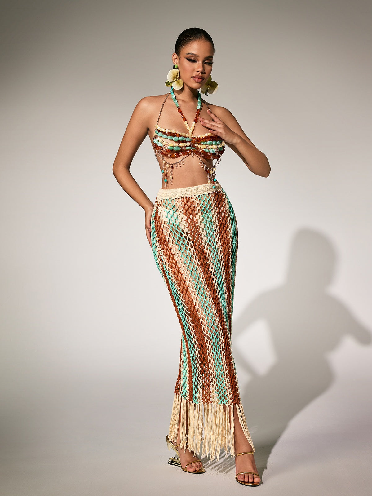 Pthara Beaded Cutout Knitted Fringe Skirt Set