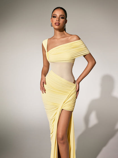 Pvaris One Shoulder Ruched Split Bodysuit Set
